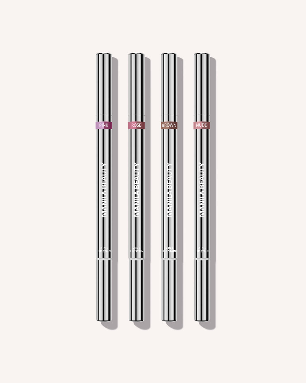 Dual Lip Stain i alle fire farver: Pink, Rose, Brown og Nude